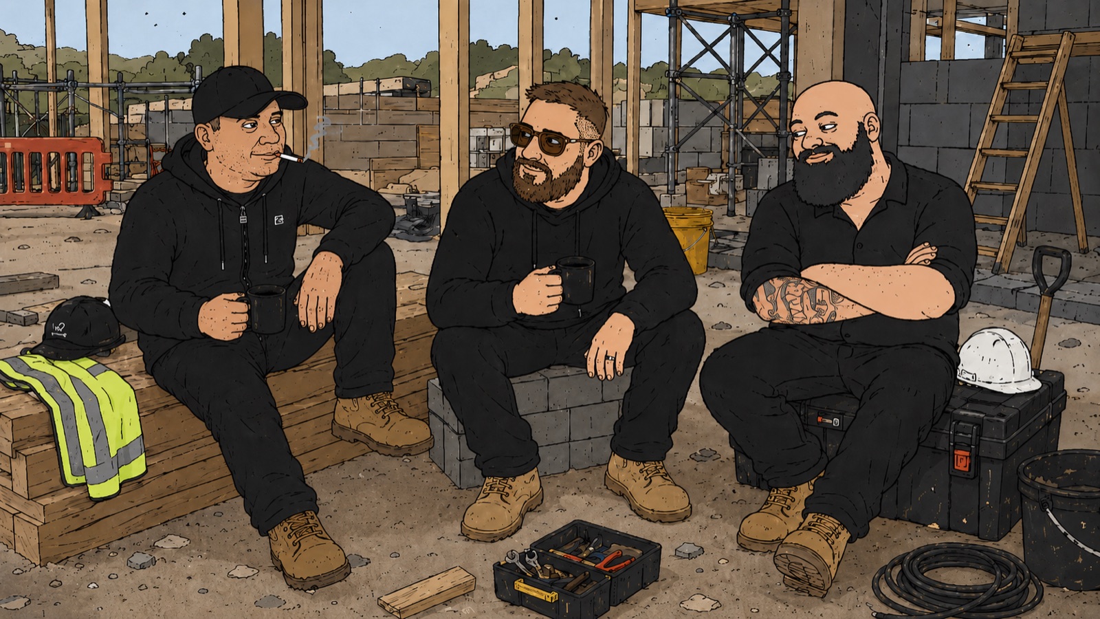 The FKD Group founders having a smoko on a Sydney construction site